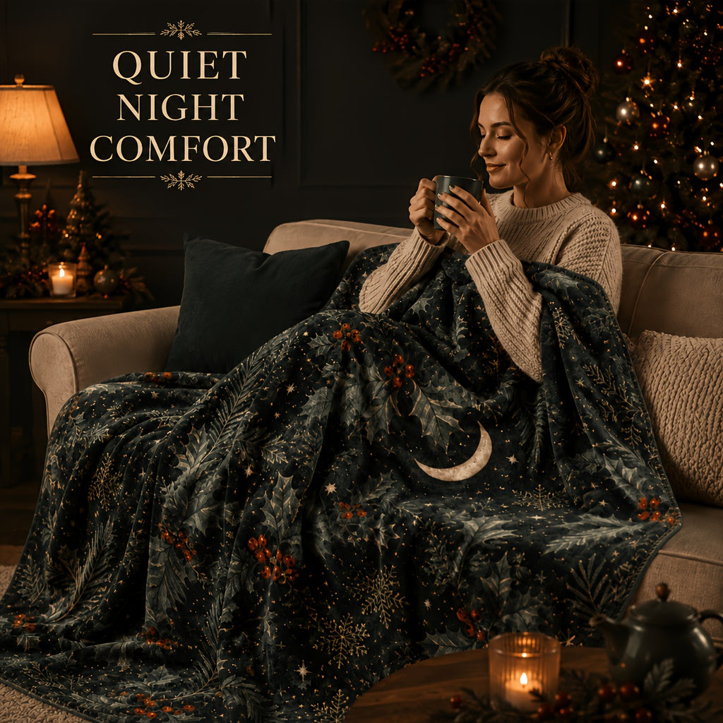 Blanket, Midnight Holly Forest Blanket Dark Holly Pine Branch Red Fruit Crescent Moon Living Room Sofa Bedroom Lunch Break Blanket