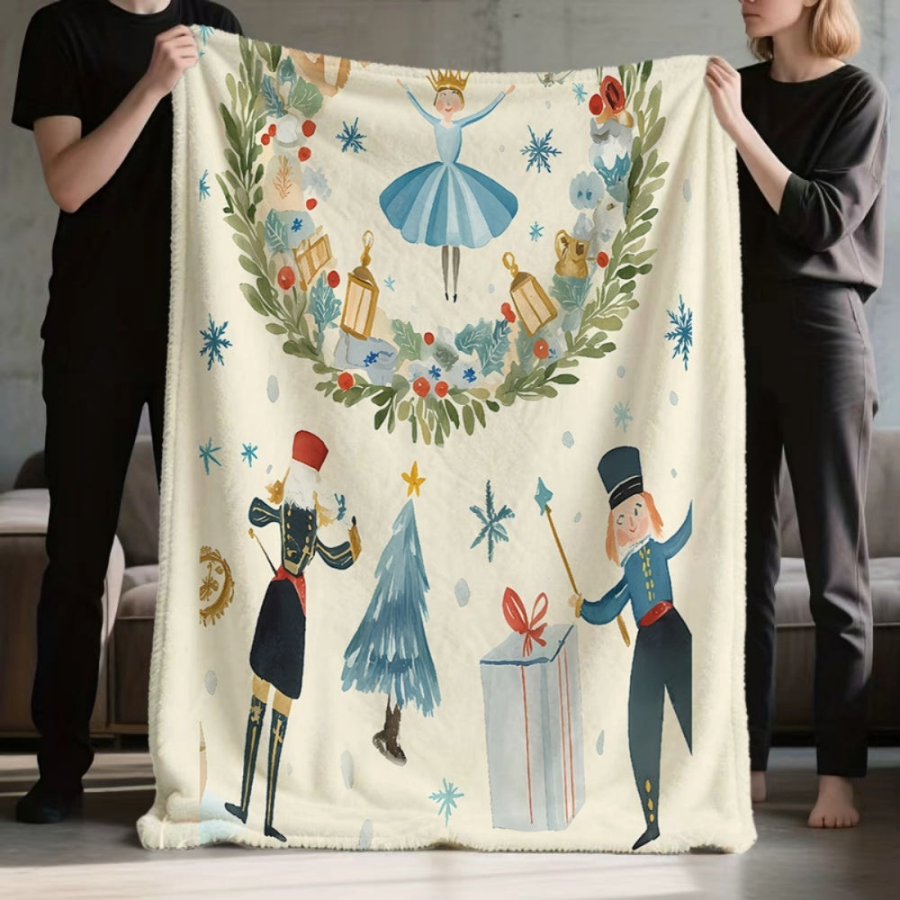 Christmas Ballet and Soldier Themed Flannel Blanket, Soft, Comfortable, and Warm, Cream-colored Design, Durable Plush Surface, All-season Universal Sofa Throw, Warm Lap Blanket, Multiple Sizes Available, Suitable for Living Room Sofas, Bedroom