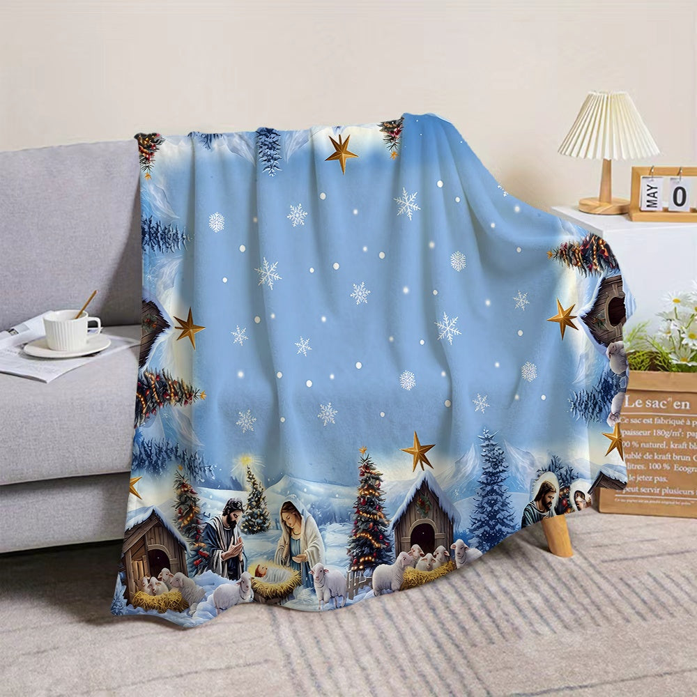 1pc Christmas Nativity Scene Golden Star Snowflake Blue Flannel Blanket, Soft Comfortable Warm, Main Color Blue Design, All-Season Blanket, Warm Cover, Multiple Sizes Available, Suitable for Living Room Sofa, Bedroom, Reading Area