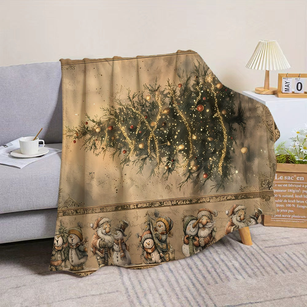1pc Christmas Tree And Snowman Pattern Flannel Blanket, Soft Comfortable Warm, Beige Retro Design, All-Season Blanket, Warm Cover, Multiple Sizes Available, Suitable for Living Room Sofa, Bedroom, Reading Corner, Leisure Time