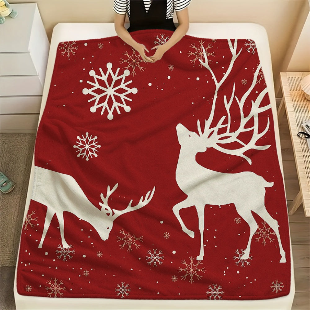 1pc Red Reindeer And Snowflake Pattern Christmas Theme Flannel Blanket, Festive Cozy Design, Soft Plush All-Season Use, Ideal for Weekend Sofa Naps, Home Leisure, And Reading