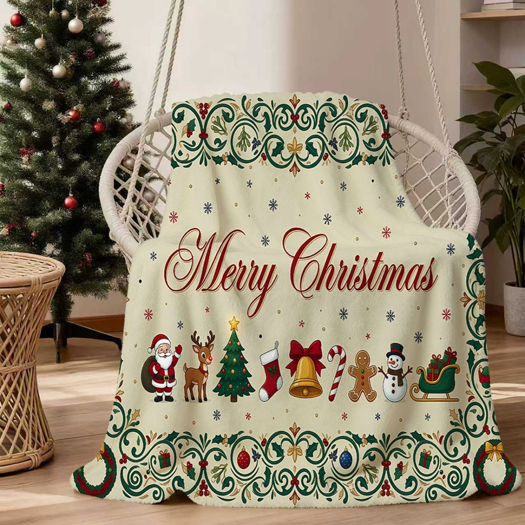 1pc, Christmas-Themed Merry Christmas Pattern Flannel Blanket, Soft Comfortable Warm, Beige And Green Decorative Style Design, Durable Plush, All-Season Sofa Blanket, Warm Cover, Multiple Sizes Available, Suitable for Living Room Sofas