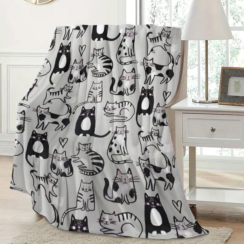 1pc 2D Flat Printing, Cute Kitten Pattern Blanket, Soft Fleece Blanket - Black, White, Gray Design, Multiple Sizes Available, Suitable for Living Room, Bedroom, Sofa, And Reading Nook