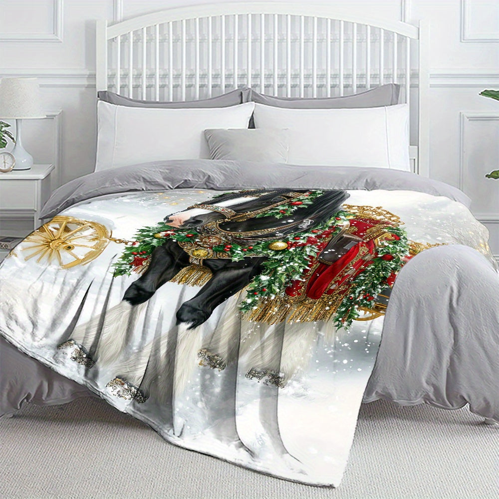 1pc Christmas Holiday Horse Print Blanket, Festive Atmosphere Throw Blanket, Super Warm Soft and Cozy Flannel Blanket, Multiple Sizes Available, Suitable for Living Room Sofa, Bedroom, Study Reading, Balcony Leisure