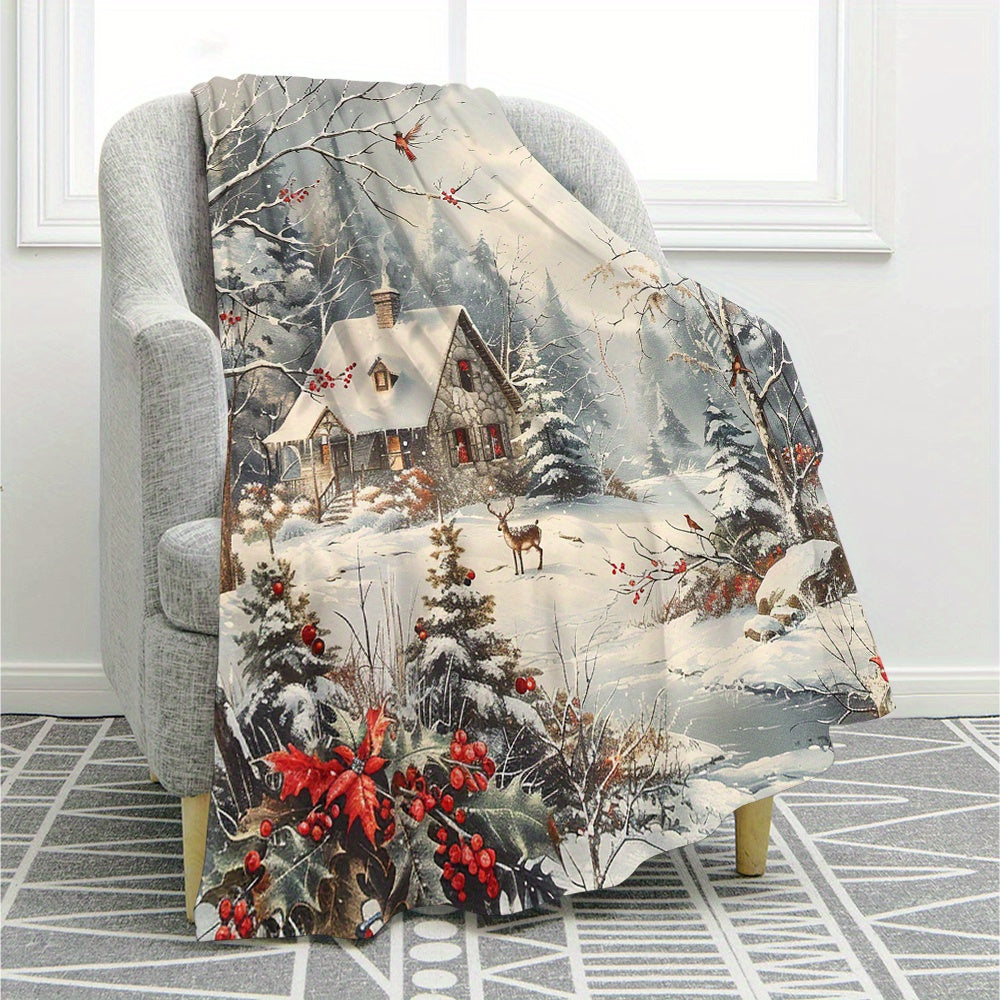 Winter Forest Cottage Scene Flannel Fleece Blanket - Comfortable Sofa Blanket for All Seasons, Digitally Printed Soft Double-Sided Velvet Cover, Machine Washable, Modern Style, No Decoration Christmas Gift