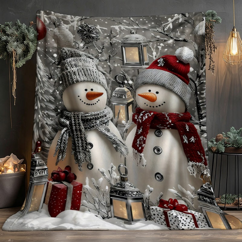 1pc Christmas Snowman and Lantern Gift Pattern Flannel Large Blanket in Black and Red, Multiple Sizes Available, Full-Body Blanket, Christmas Winter Decoration, Durable Plush Surface, Suitable for Living Room Sofa Cover, Weekend Sofa Naps