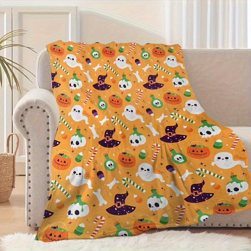 1pc Halloween Pumpkin Pattern Orange Flannel Blanket, Soft, Comfortable, and Warm, Cartoon Design, Durable Plush Surface, All-Season Bed Blanket, Warm Throw Blanket, Multiple Sizes Available, Suitable for Living Room, Bedroom, Sofa