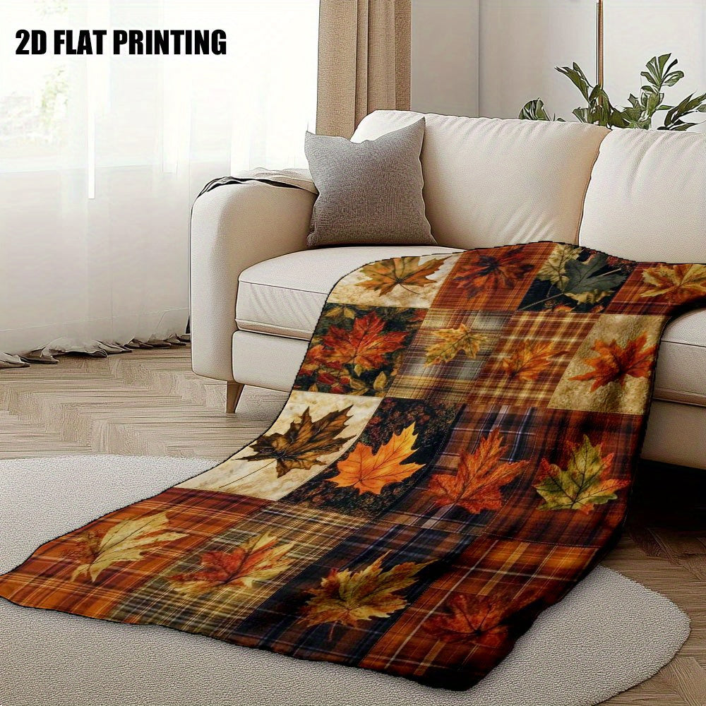 1pc Autumn Maple Leaf and Plaid Patchwork Flannel Blanket, Soft, Comfortable, and Warm, Orange-Yellow-Brown Plaid Design, Durable Plush Surface, All-Season Universal Bed Blanket, Warm Throw Blanket, Multiple Sizes Available, Suitable for Living Room