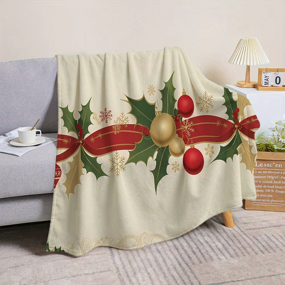 1pc Christmas Holiday Red Green Golden Ball And Holly Leaf Pattern Flannel Blanket, Soft Comfortable Warm, Cream White Background with Red And Golden Decorative Design, All-Season Sofa Blanket, Warm Cover, Multiple Sizes Available