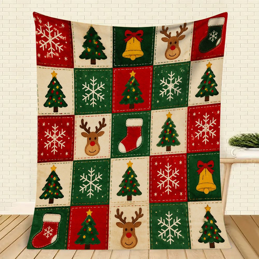 1pc of Large Red Flannel Blanket with Christmas Tree and Reindeer Pattern, Festive and Cozy Design, Oversized Throw Blanket, Winter Decoration, Durable Plush Surface, Suitable for All Seasons, Ideal for Dorm Life, RV Travel, and Camping Leisure