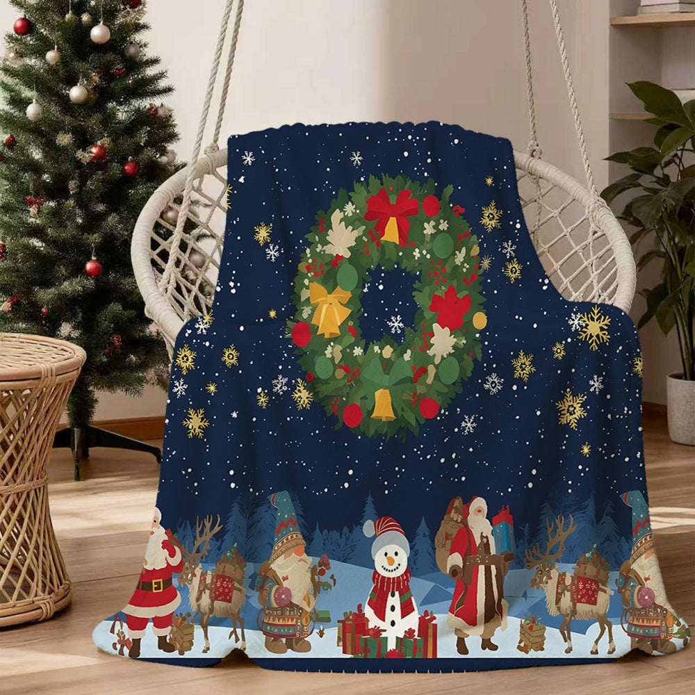 1 Christmas Wreath and Snowman Pattern Flannel Blanket, Soft, Comfortable, and Warm, with a Deep Blue Starry Sky Design. A Four-season Universal Sofa Throw, a Warm Lap Blanket, Available in Multiple Sizes. Suitable for Living Room Sofas