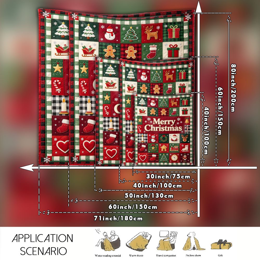 Vintage Country Patchwork Christmas-themed Flannel Blanket, Christmas Tree Snowman Gingerbread for Man Reindeer Gift Pattern, Printed with the Words Merry Christmas, Warm, Soft and Comfortable, Suitable for Bedroom, Living Room
