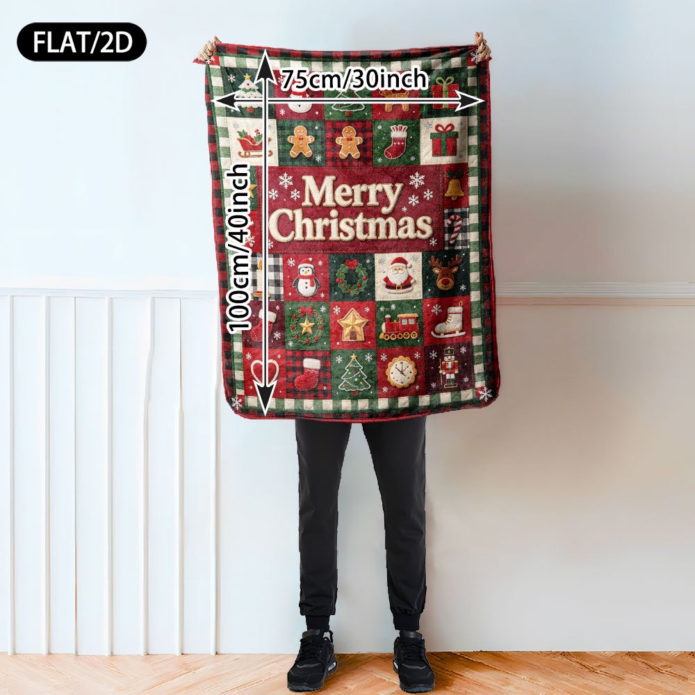 Vintage Country Patchwork Christmas-themed Flannel Blanket, Christmas Tree Snowman Gingerbread for Man Reindeer Gift Pattern, Printed with the Words Merry Christmas, Warm, Soft and Comfortable, Suitable for Bedroom, Living Room