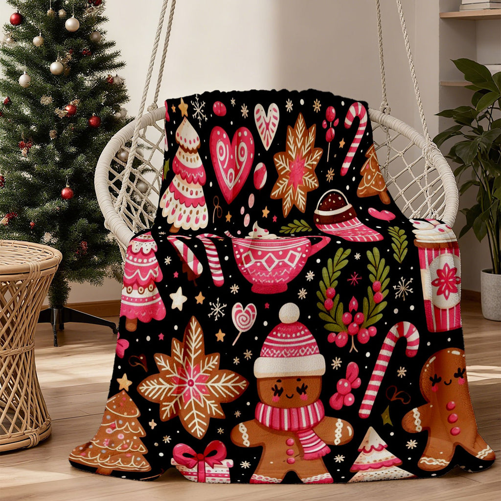 1pc Gingerbread Man And Christmas Hot Drink Theme Black Flannel Oversized Blanket, Pink Festive Design, Large Plush Throw, Suitable for Holiday Home Decor, Weekend Sofa Naps, Reading Time, Bedroom Bed End Decoration