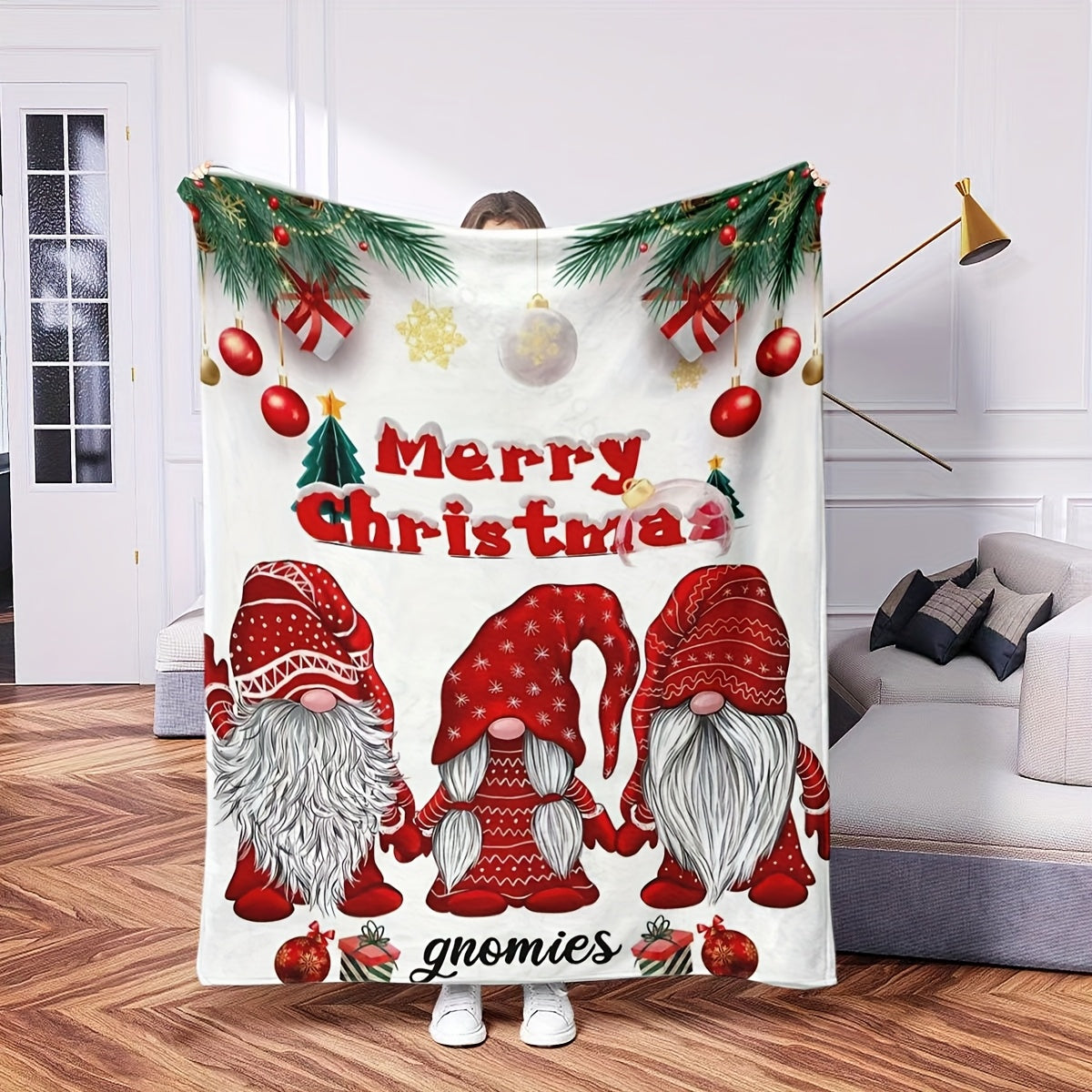 1 Christmas Elf Pattern Blanket, Red Christmas Decoration Print Design, Throw Blanket, Soft Flannel Plush Surface, Lightweight and Durable, Multiple Sizes Available, Suitable for Christmas Decoration, Living Room Leisure, Bedroom Warmth, and Festive