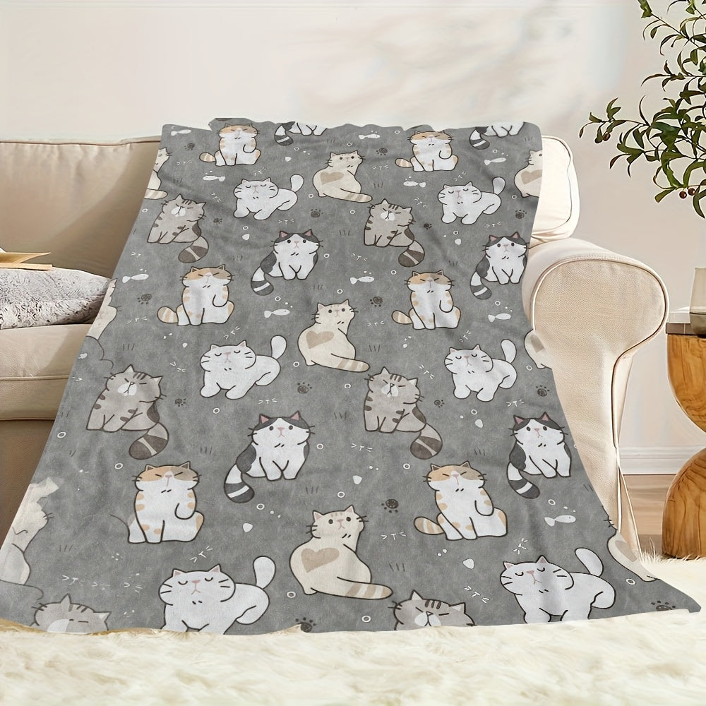 1pc of Adorable Cat-pattern Flannel Blanket, Soft, Comfortable, and Warm, in a Gray Design with a Durable Plush Surface. A Versatile All-season Bed Throw and Cozy Cover, Available in Multiple Sizes. Suitable for Living Room Sofas, Bedroom Beds