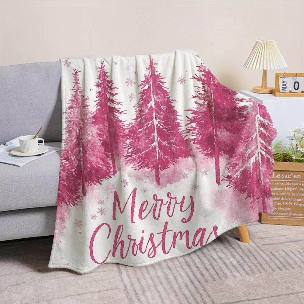 1pc, 2D Flat Christmas Pink Pine Tree and Snowflake Themed Flannel Blanket, Soft, Comfortable, and Warm, with a Pink Design on a White Background, Durable Plush Surface, Suitable for All Seasons, a Warm Throw Blanket, Suitable for Use as a Living