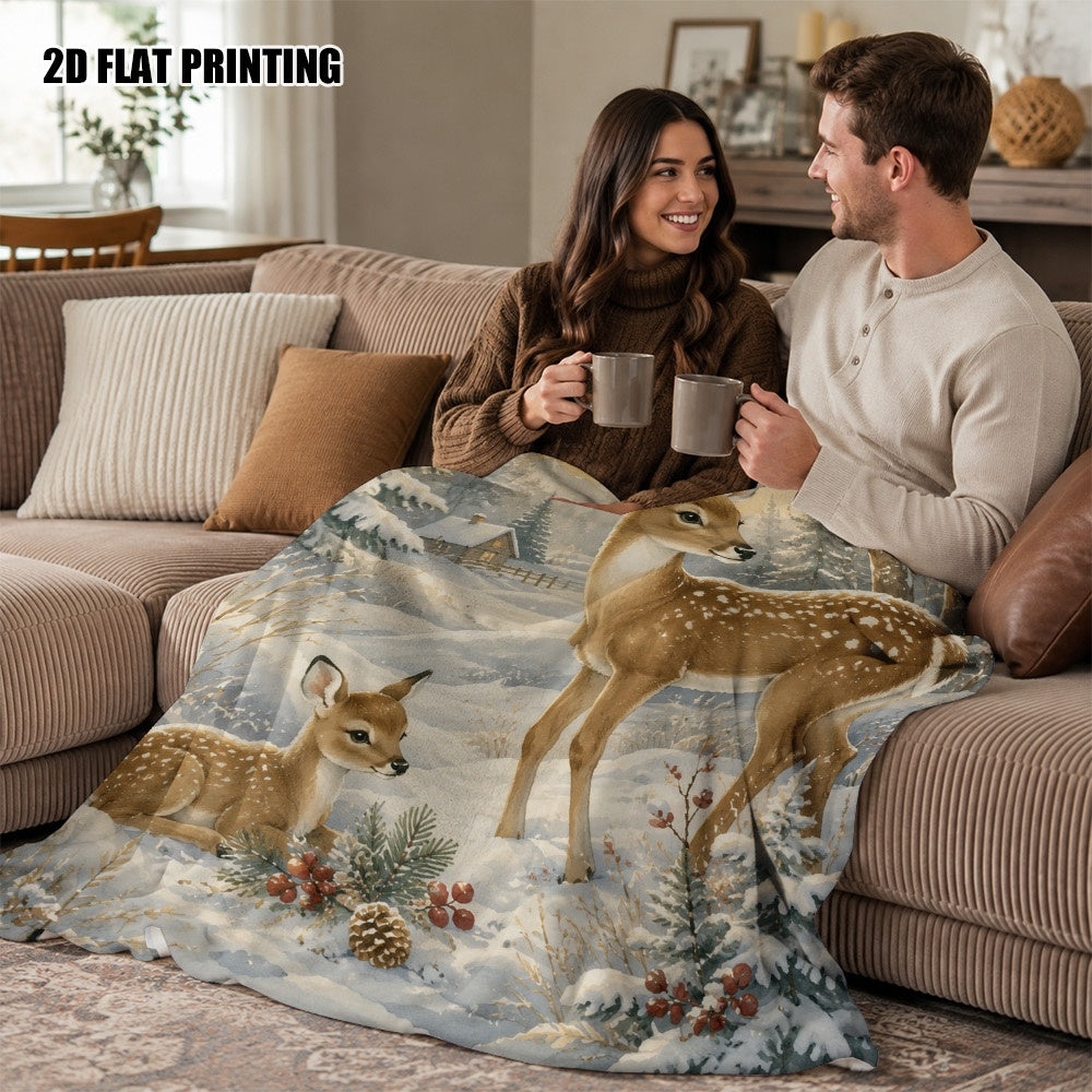 2D Flat Print, 1pc Soft Flannel Blanket for Christmas and Winter Deer Scenes - Warm and Comfortable - Suitable for All Seasons, Sofas and Seating Areas, 2D Flat