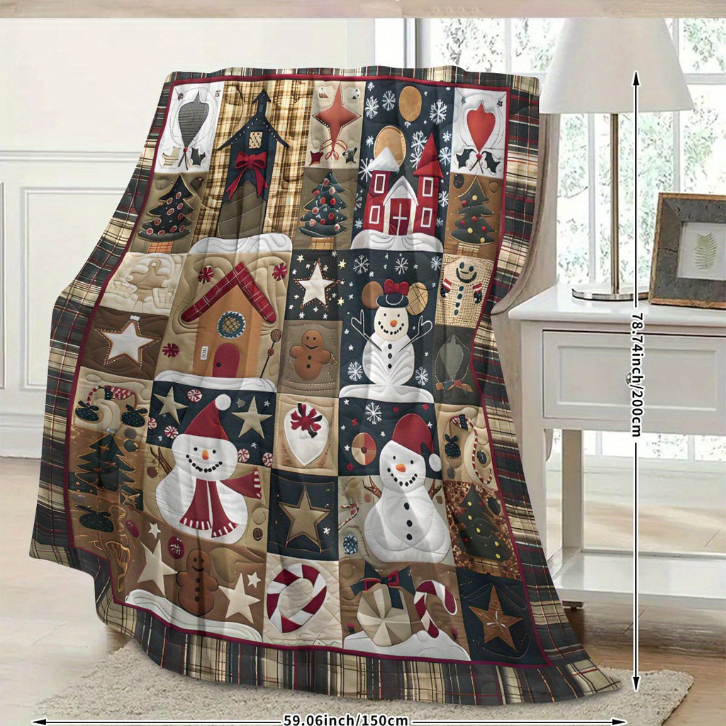 1pc Comfortable Patchwork Snowman Print Blanket, Suitable for Bedroom, Office, Living Room, Camping, Multi-functional Use