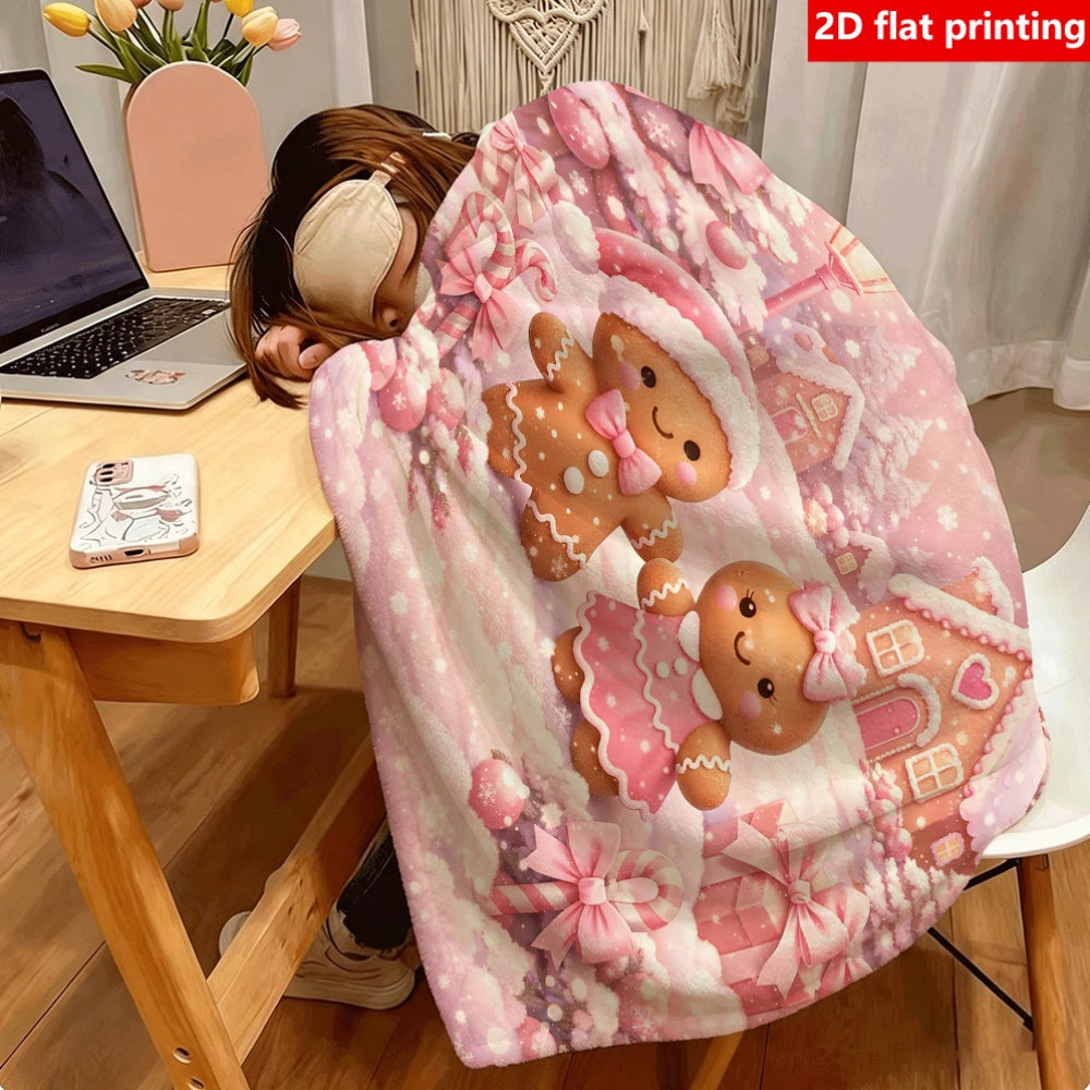 1pc Pink Gingerbread for Man and Christmas Tree Pattern 2D Flat Print Flannel Large-sized Blanket, Full-body Blanket in Multiple Sizes, Christmas Winter Decorative Design, Suitable for Holiday Home Decor, Reading Time, and Seasonal Home Use, 2D Flat
