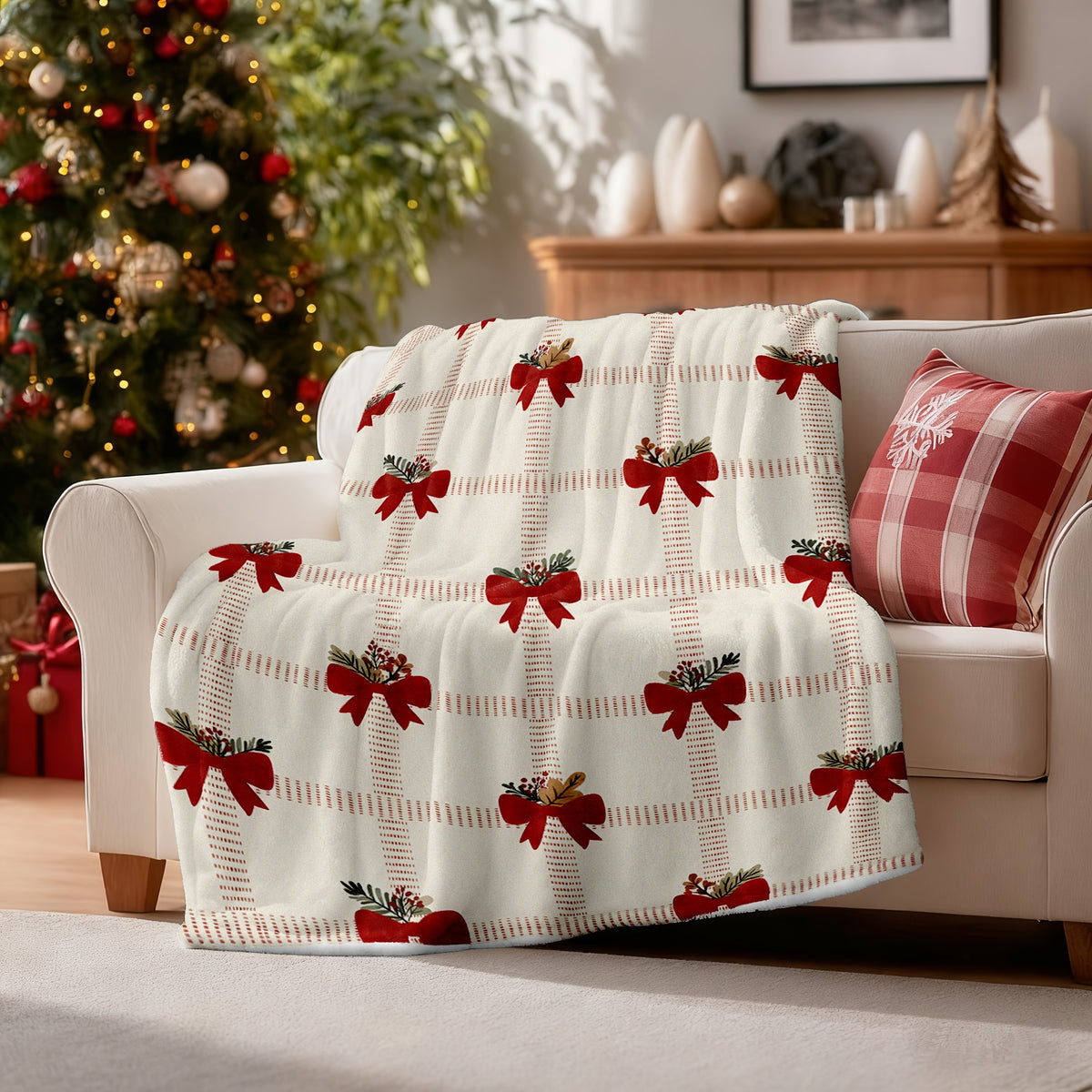 A Christmas-themed Flannel Blanket, Decorated with Bows, Soft Plush and Comfortable Flannel Blanket, Suitable for Sofas, Casual, Ideal Gift for Adults and Wives