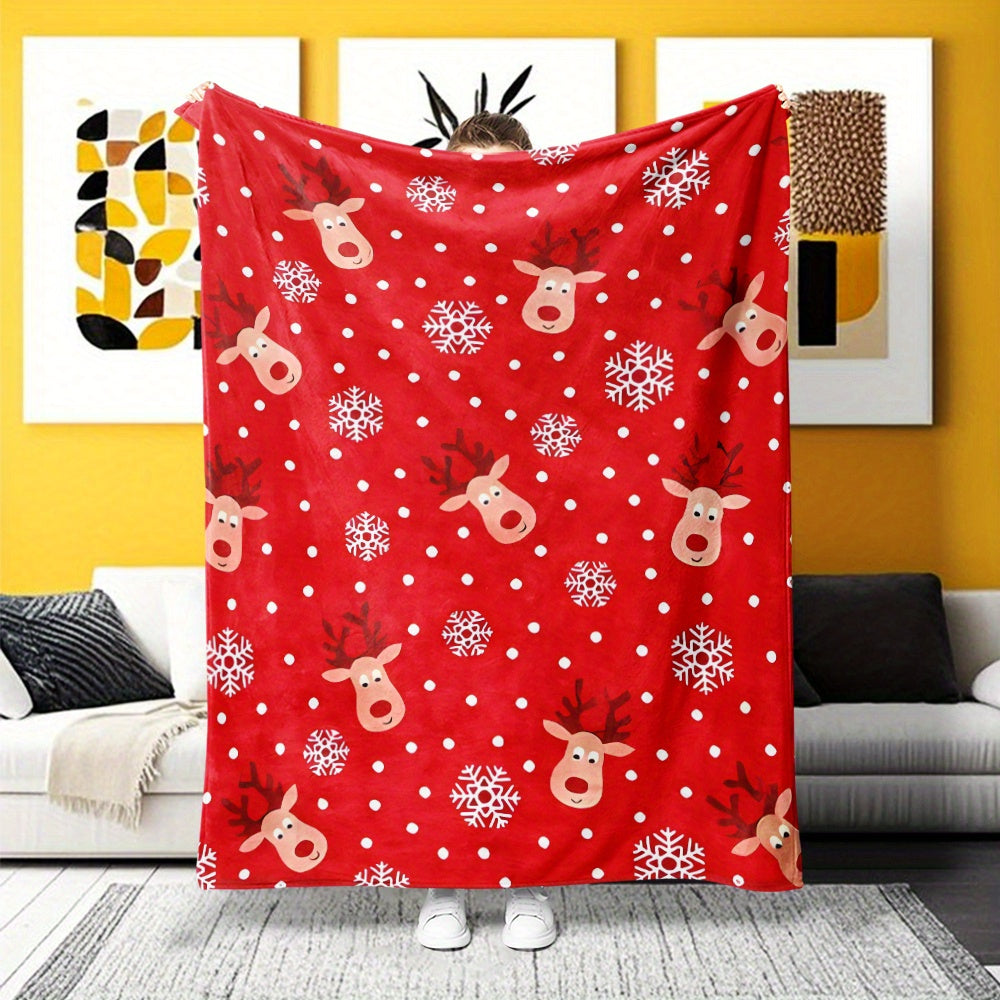 Holiday Reindeer and Snowflake Flannel Blanket - Bright Red with White Dots, Soft and Cozy Christmas Decoration, All-Season Warmth, Perfect Gift for Home and Holidays, Reindeer Christmas Decor, Festive Home Decor, Fun Pattern, High-Quality Fabric