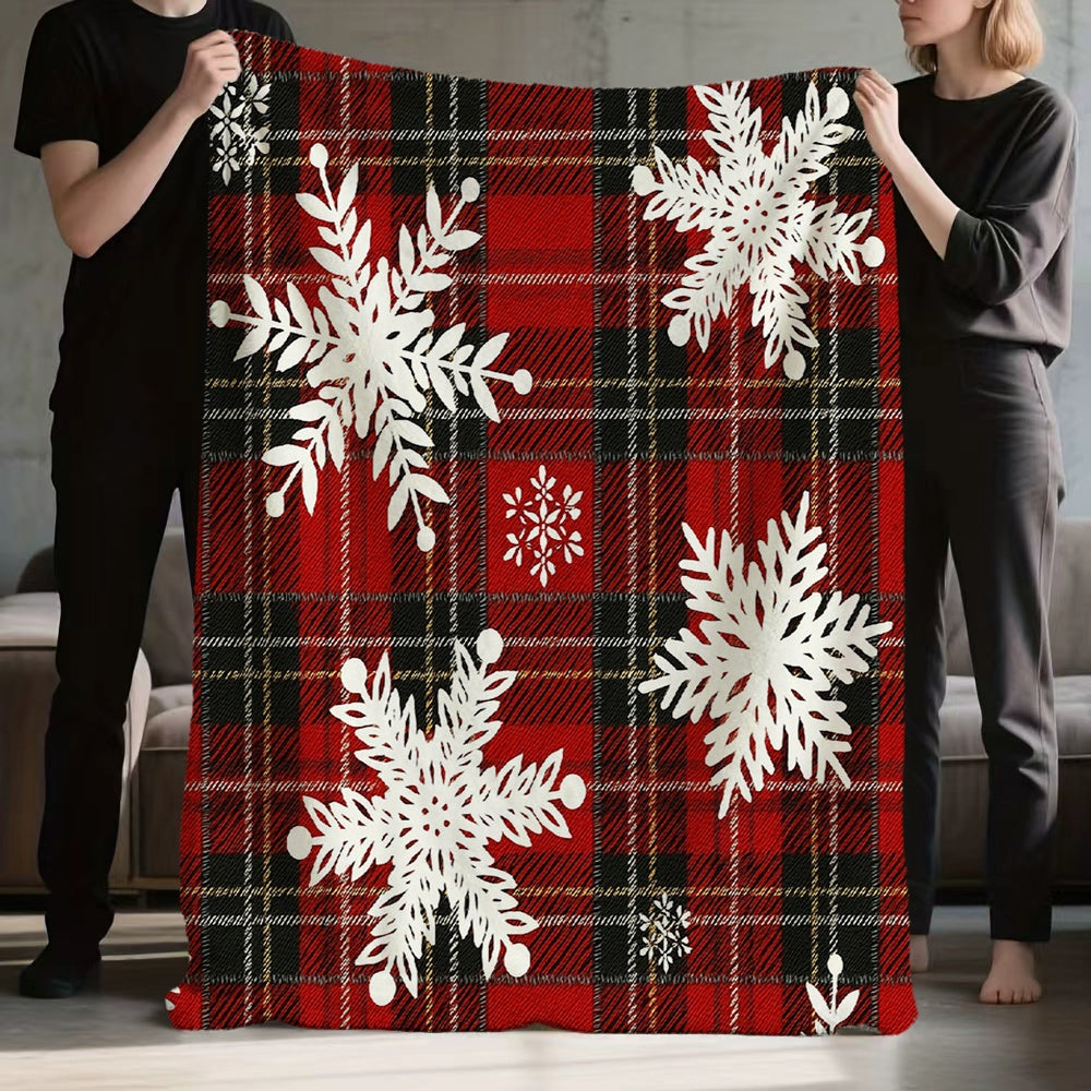 1pc, 2D Flat Red Plaid And White Snowflake Theme Flannel Blanket, Soft Comfortable Warm, Red Black Holiday Design, Durable Plush Surface, All Seasons, Warm Cover, Suitable for Living Room Sofa Cover, Reading Time, Weekend Sofa Nap
