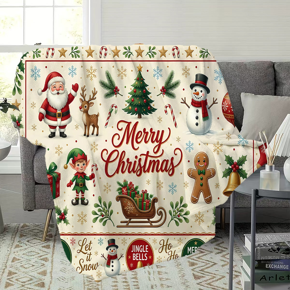 1pc, Santa Claus and Snowman Pattern Christmas Themed Flannel Blanket, Soft, Comfortable, and Warm, Base with Holiday Design, Durable Plush Surface, All-Season Universal Sofa Blanket, Warm Cover Blanket, Multiple Sizes Available, Suitable for Living