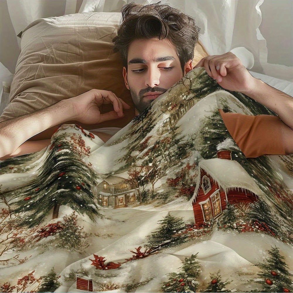1 Christmas Winter Theme Decorative Blanket, Soft, Warm And Comfortable, Suitable for Indoor Spaces Like Shops, Sofas, Living Rooms, Etc. Holiday Atmosphere Design, Fluffy Texture Thickened Quilt Core