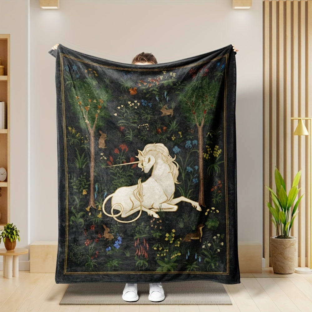 1pc 2D Flat Printing, Unicorn And Forest Theme Blanket, Soft Fleece Blanket - Black Retro Design, Multi-Size Available, Suitable for Living Room, Bedroom, Sofa, And Reading Nook