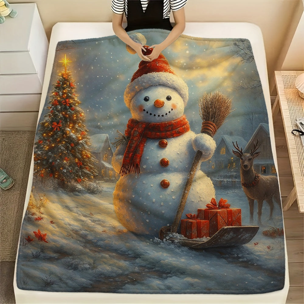 1pc of Snowman Holding a Gift Box Christmas-themed Flannel Blanket, Blue Winter Decorative Design, Soft Plush for All Seasons, Suitable for Weekend Naps on the Sofa, Reading Time, and Holiday Home Decor