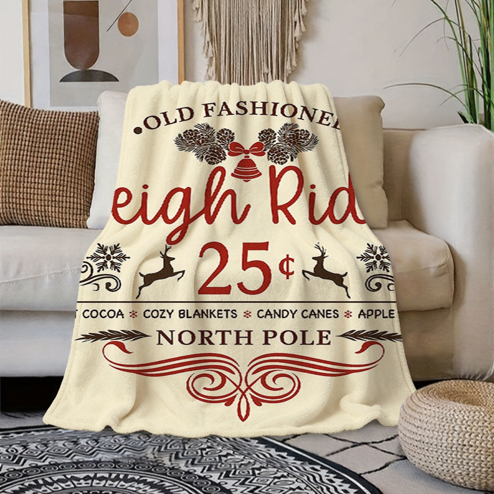1pc Vintage Christmas-themed "North Pole" Design Cream Beige Flannel Blanket, Featuring a Cozy Holiday Decorative Style. Soft Plush Surface, Suitable for All Seasons. Ideal for Office Naps, Bedroom Bedding, and Seasonal Home Warmth