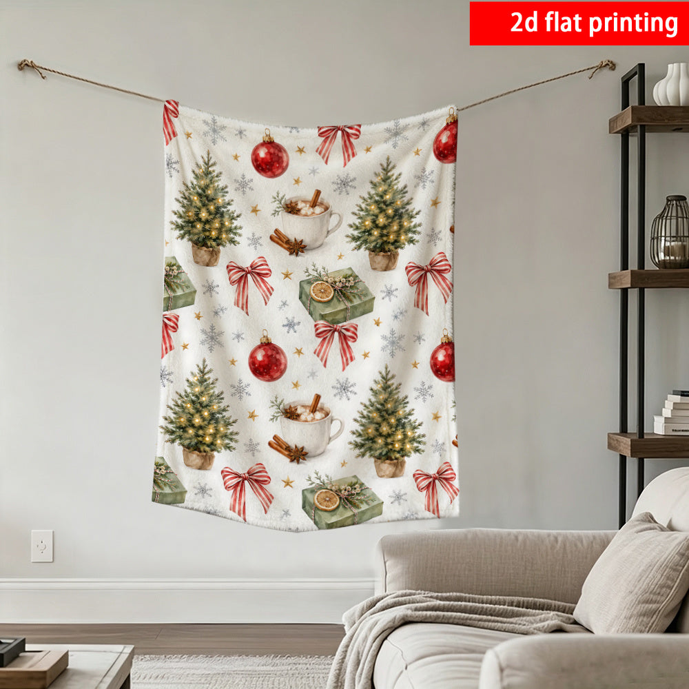 2D Flat Printing, 1pc, Easy Healing White Background Fresh Watercolor Christmas Tree Bow Flannel Blanket, Universal for All Seasons, Suitable for Office, Family, Outdoor Camping, Travel, Single-Sided Printing, Warm Home Decoration