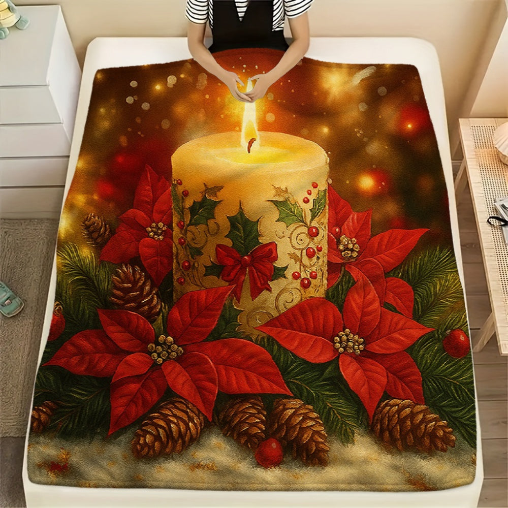 1pc Christmas Candle And Red Flower Pinecone Pattern Golden-Toned Flannel Blanket, Festive Warm Decor Design, Soft Plush All-Season Use, Suitable for Home Nap, Reading Time, And Seasonal Home Use