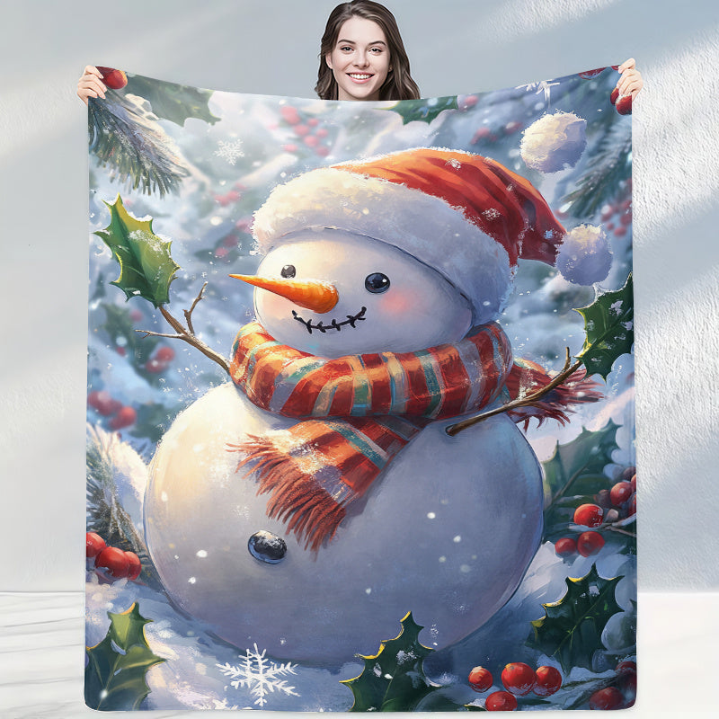 1pc Snowman And Winter Flowers Christmas Theme Red Flannel Oversized Blanket, Winter Decor Design, Large Plush Throw Blanket, Suitable for Holiday Home Decoration, Home Nap, Movie Entertainment Time