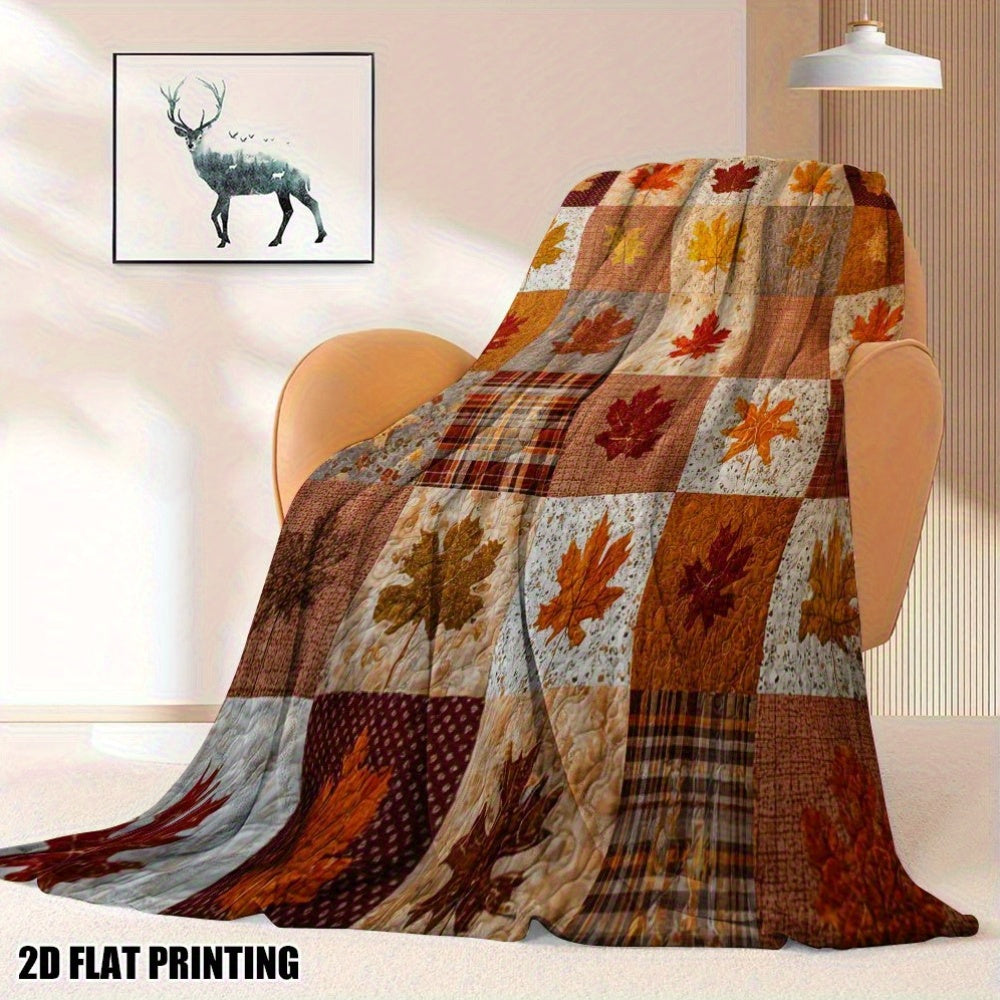 1pc Autumn Maple Leaf And Deer Pattern Flannel Blanket, Soft Comfortable Warm, Brown Orange Tone Design, Durable Plush Surface, All-Season Bed Blanket, Warm Cover, Multiple Sizes Available, Suitable for Living Room Sofa, Bedroom Headboard