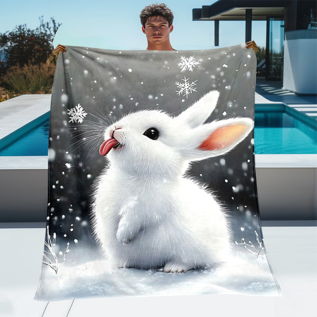 1pc 2D Flat Printed Cute White Rabbit Snow Scene Blanket, Soft Flannel Blanket - Gray Winter Design, Multiple Sizes Available, Suitable for Living Room, Bedroom, Sofa, Balcony, and Courtyard, 2D Flat