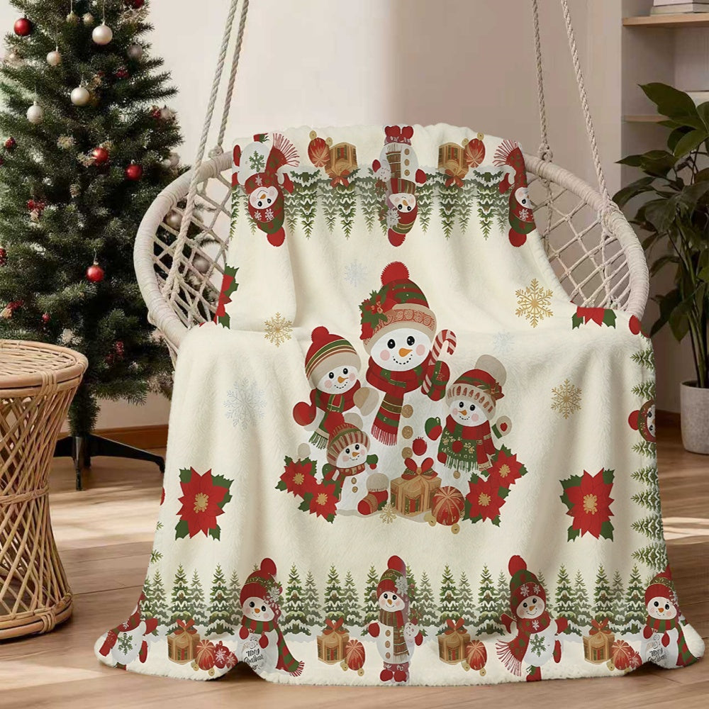 1 Christmas Flannel Blanket Featuring a Snowman, Pine Branches, and Red, Green, and Golden Snowflake Patterns. Soft, Comfortable, and Warm with a Cream-white Base. A Versatile All-season Sofa Throw and Cozy Cover Blanket. Available in Multiple Sizes.