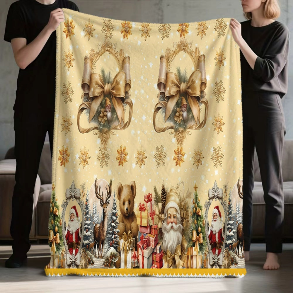1pc, 1pc Christmas-Themed Golden Snowflake And Reindeer Santa Claus Pattern Flannel Blanket, Soft Comfortable Warm, Beige Design, Durable Plush, All-Season Sofa Blanket, Warm Cover, Multiple Sizes Available, Suitable for Living Room Sofa