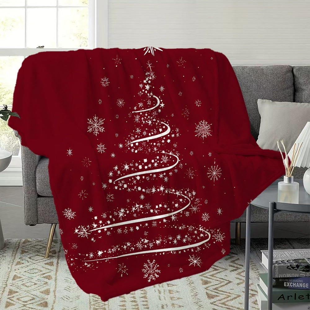 1pc Christmas Tree Snowflake Pattern Red Flannel Blanket, Soft Comfortable Warm, Winter Warm Blanket, Suitable for Living Room Sofa, Bedroom Sofa, Casual Reading, Holiday Decor, And Home Relaxation