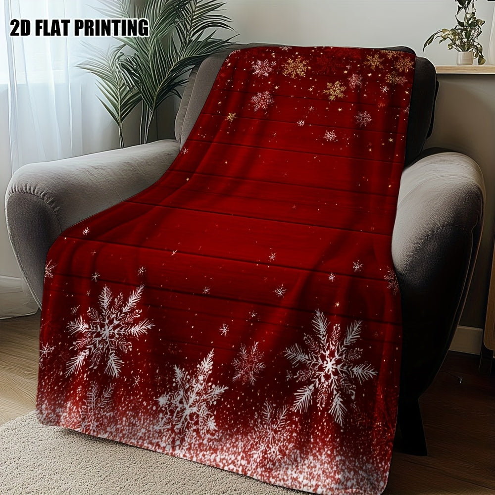 1pc 2D Flat Printing, Red Snowflakes And Golden Stars Blanket - Soft And Comfortable, Christmas Festive Style, Multi-Size Available, Suitable for Living Room, Bedroom, Sofa, And Casual Reading