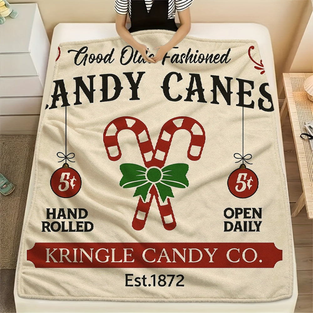 1pc Vintage Christmas Candy Themed Cream Beige Flannel Blanket, Festive Cozy Design, Soft Plush Surface for All Seasons, Suitable for Reading Time, Weekend Sofa Naps, and Seasonal Home Use
