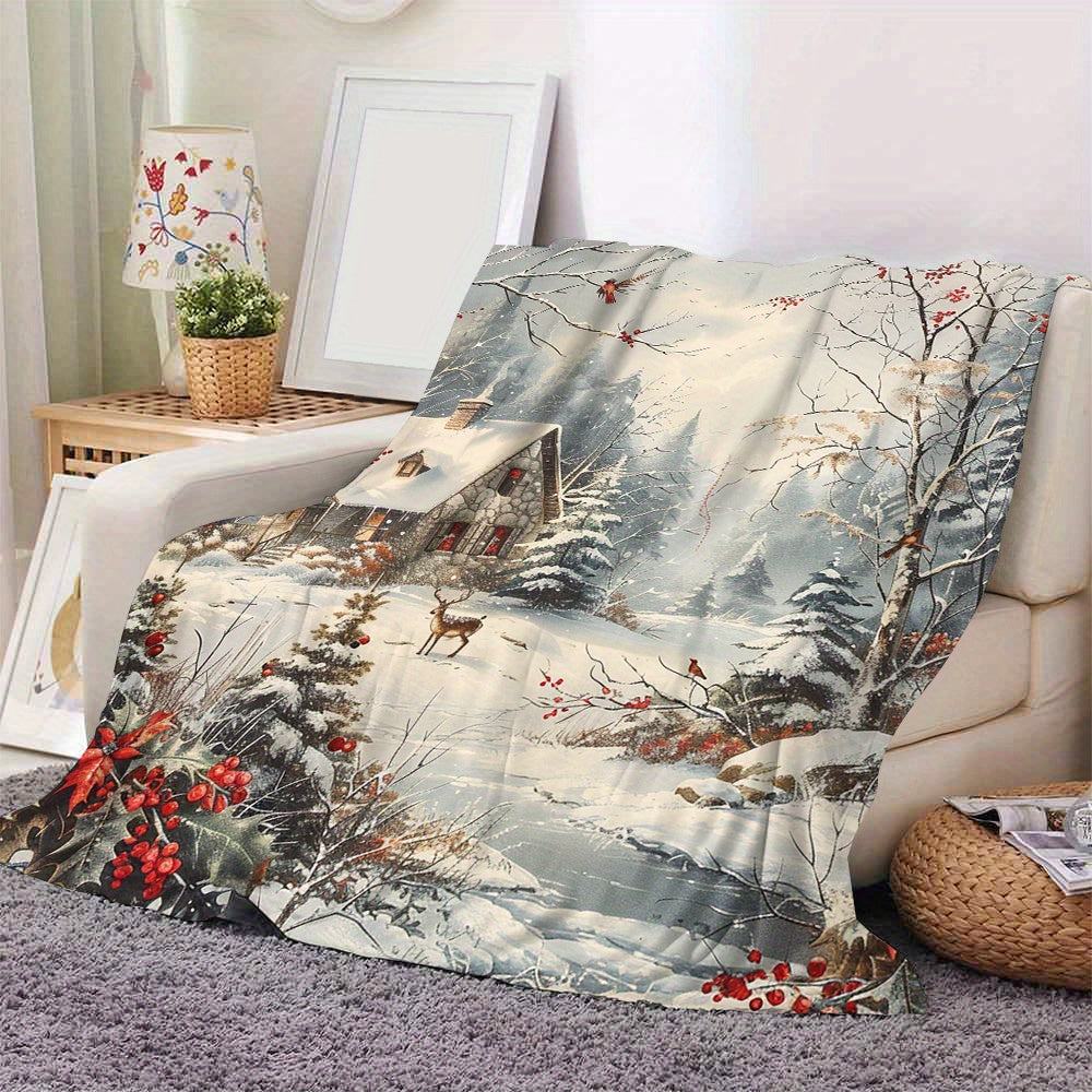 Winter Forest Cottage Scene Flannel Fleece Blanket - Comfortable Sofa Blanket for All Seasons, Digitally Printed Soft Double-Sided Velvet Cover, Machine Washable, Modern Style, No Decoration Christmas Gift