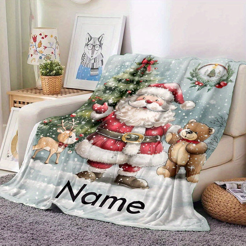 1pc of Large Flannel Blanket with a Light Blue Santa Claus and Reindeer Bear Pattern, a Cozy Holiday Decoration, Suitable for Reading Time, Home Naps, and Festive Home Decor