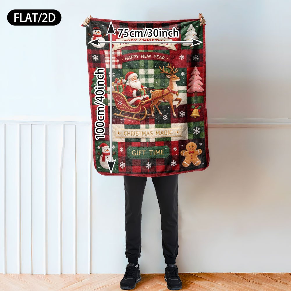 Flat/2D Digital Printing Flannel Blanket, Christmas And New Year Country Style Patchwork Pattern, Printed with Santa Claus, Reindeer Sleigh, Snowman, Gingerbread Man, Christmas Tree, Gift Box Bell Snowflake Elements, Soft