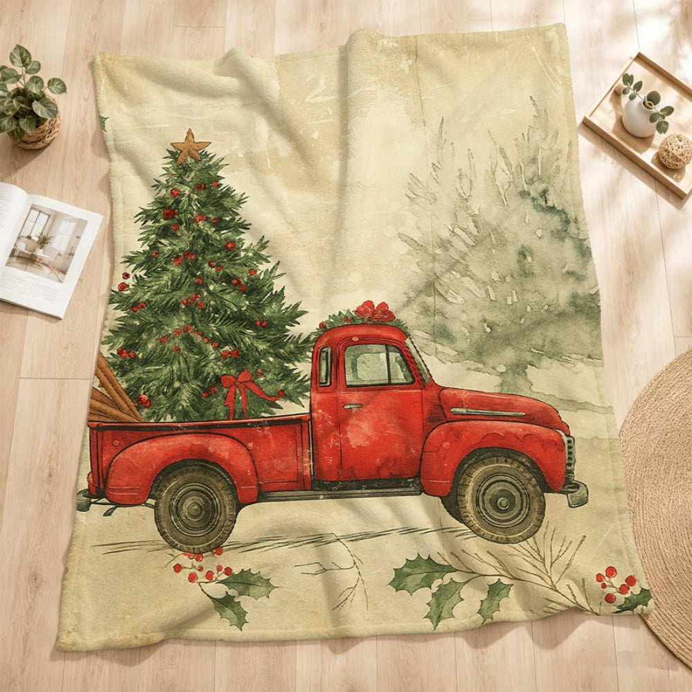 1pc Christmas Red Card Car Tree Pattern Cream Beige Flannel Blanket, Christmas Winter Body Blanket, Soft Plush All-Season, Suitable for Weekend Sofa Naps, Reading Time, And Movie Entertainment