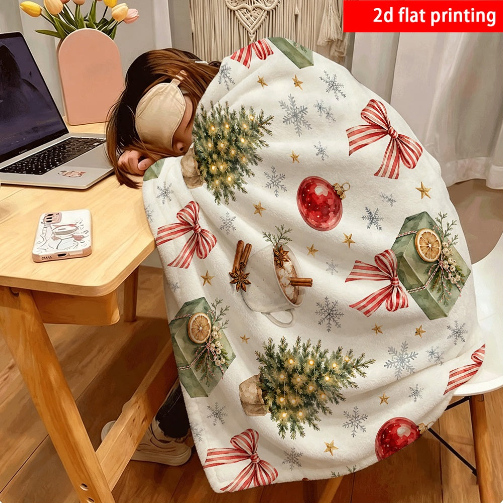 2D Flat Printing, 1pc, Easy Healing White Background Fresh Watercolor Christmas Tree Bow Flannel Blanket, Universal for All Seasons, Suitable for Office, Family, Outdoor Camping, Travel, Single-Sided Printing, Warm Home Decoration