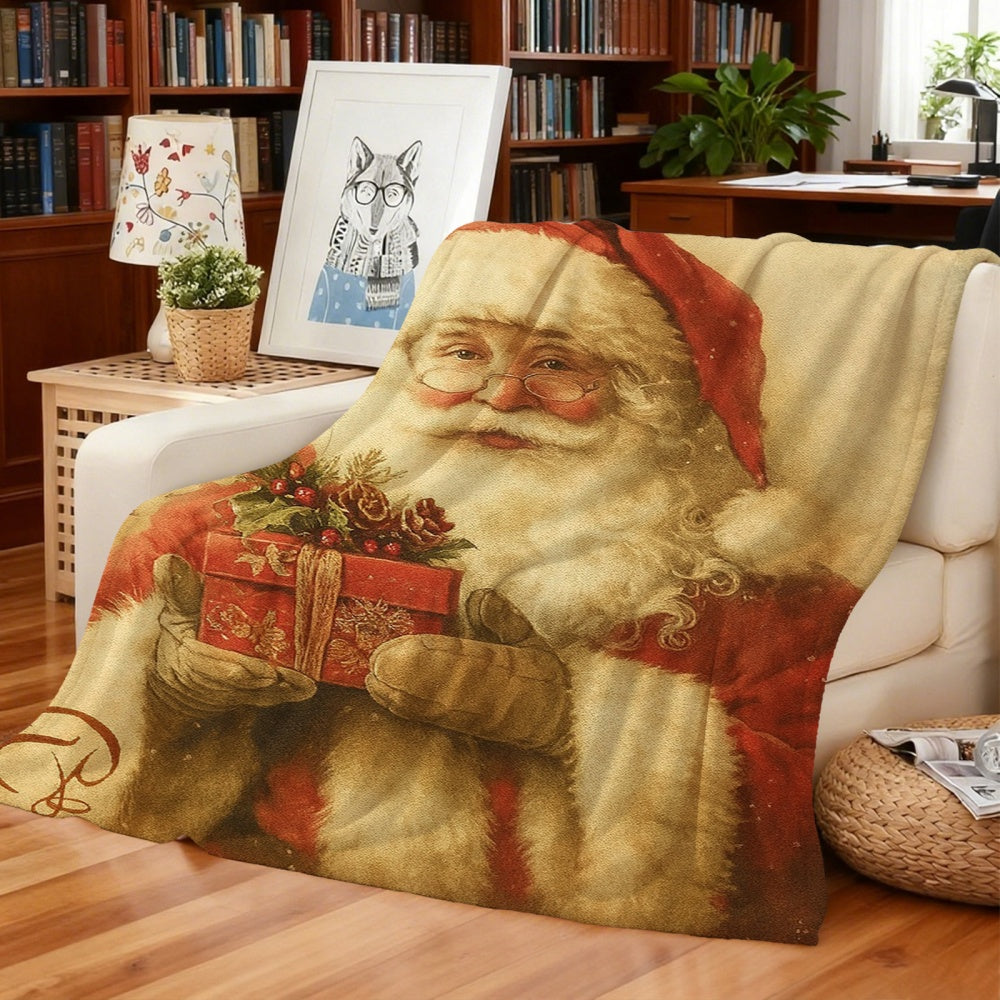 1pc Santa Claus Handheld Gift Box Design Flannel Blanket, Creamy Beige Base Holiday Decor, Soft Plush All-Season Use, Suitable for Living Room Sofa Cover, Reading Time And Bedside Decoration