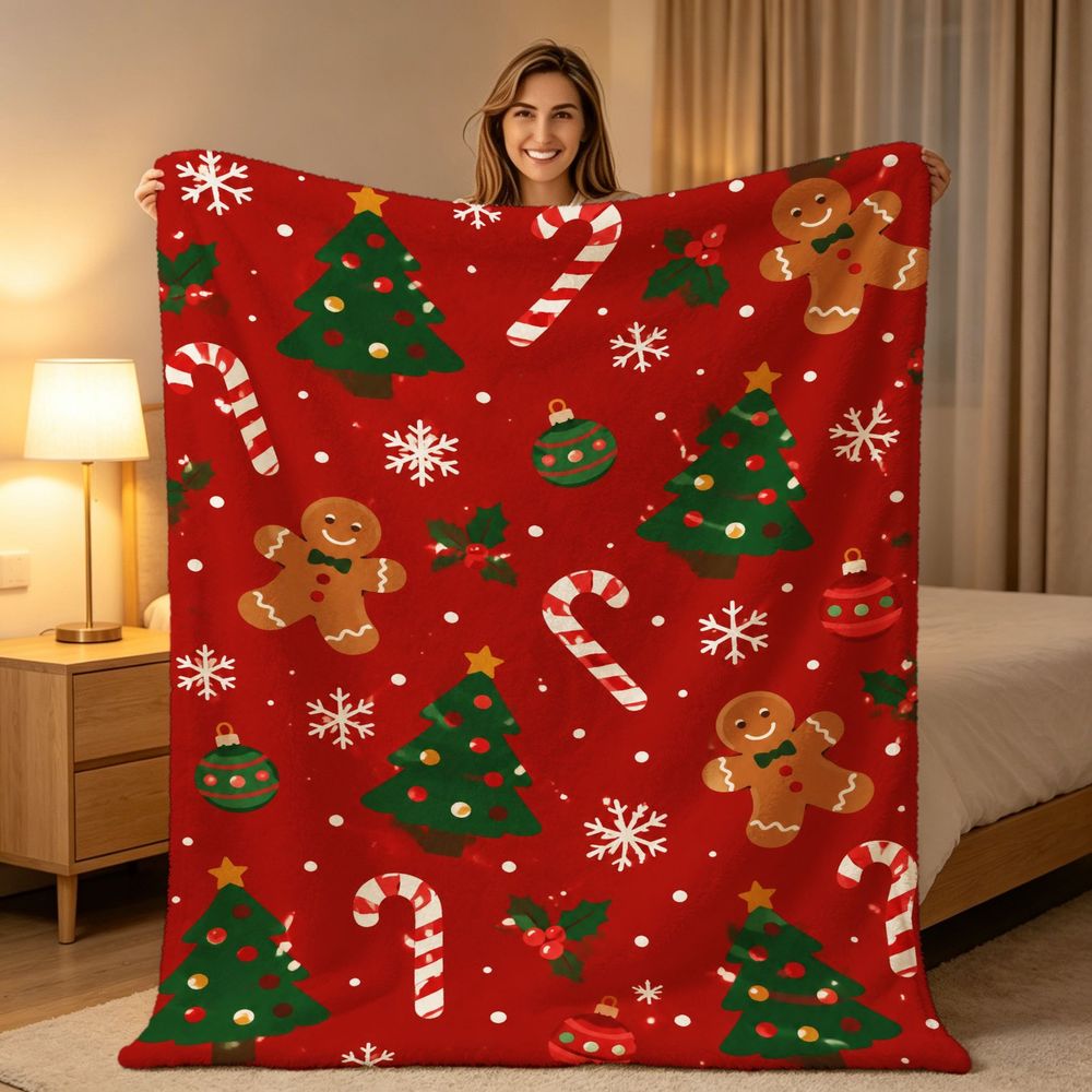 1pc Gingerbread for Man and Christmas Tree Red Themed Flannel Large Blanket, Winter Holiday Decorative Design, Large Plush Throw Blanket, Suitable for Living Room Sofa Cover, Bedroom Bed End Soft Decor Accent, Seasonal Home Use