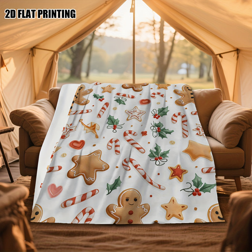 1pc Christmas Gingerbread Pattern Blanket, Comfort Blanket for Cars, Seats and Travel, Perfect for Christmas and Halloween Gifts